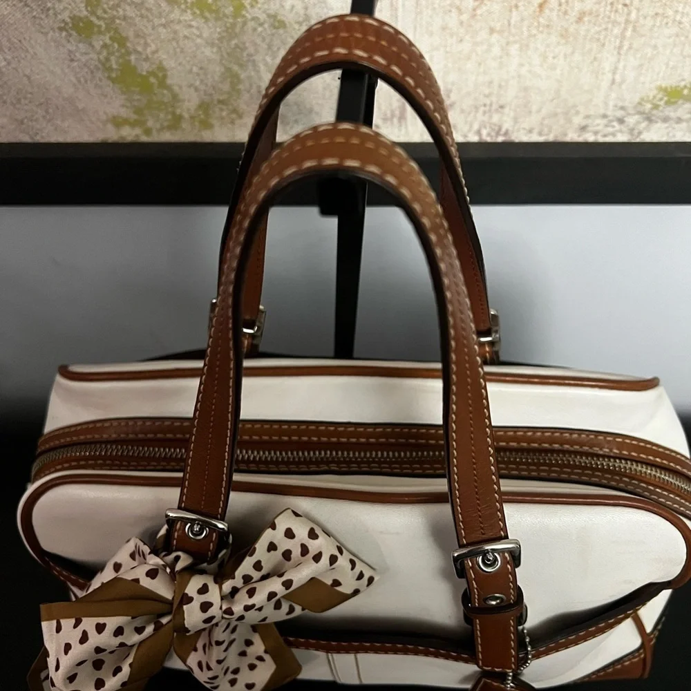 Coach Hampton Medium Ivory Beige Leather Trim Satchel Handbag 2007